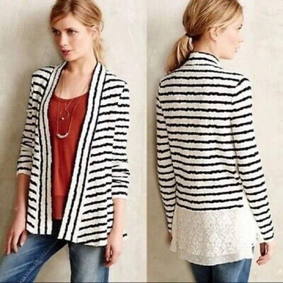 POSTMARK by ANTHROPOLOGIE‎ NWOT Lace Striped Cardigan in Black and White - Picture 1 of 9